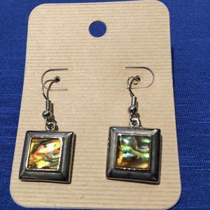 Real Abalone and Silver Square Dangle Earrings